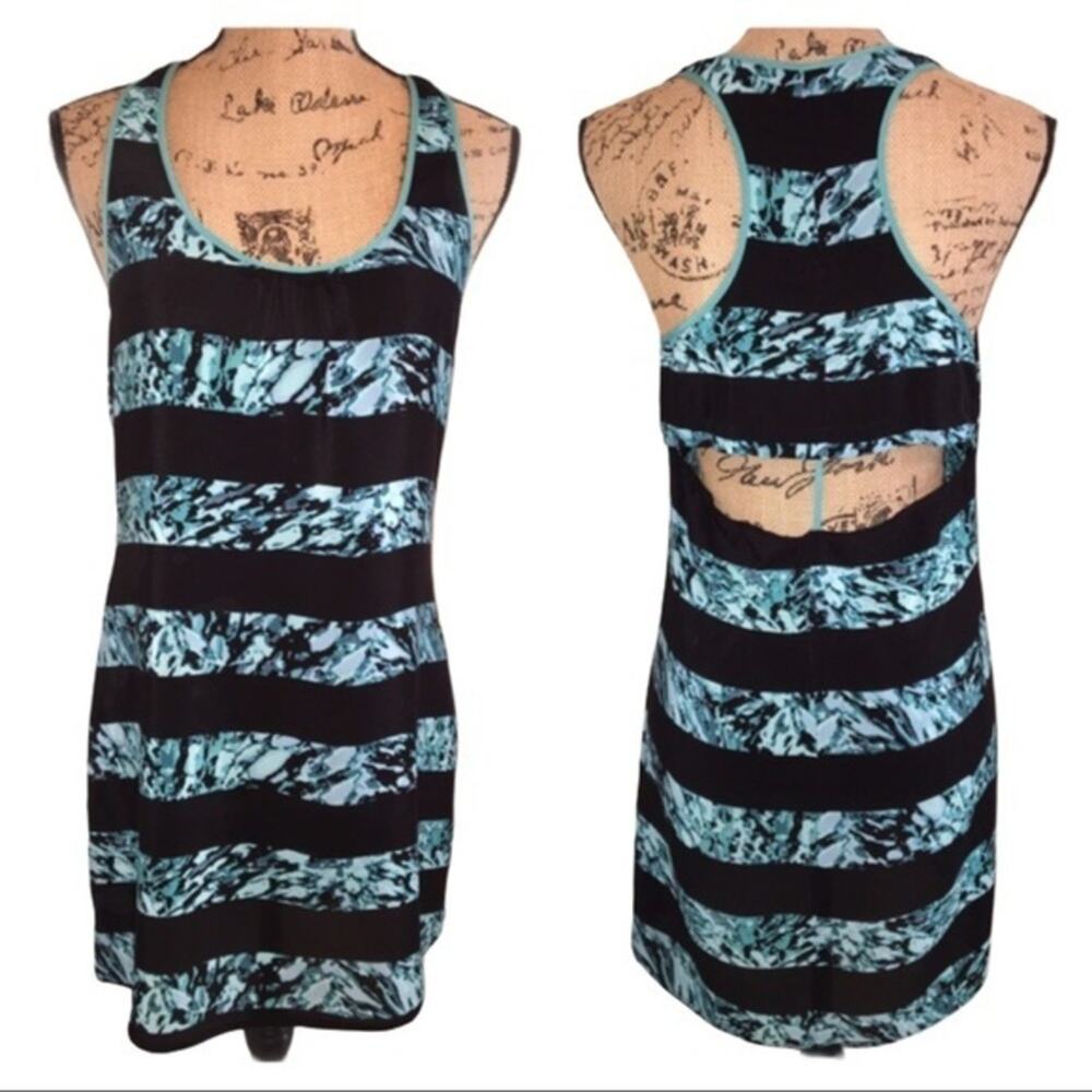 Bar III Open Back Silk Tunic Aqua Black Medium